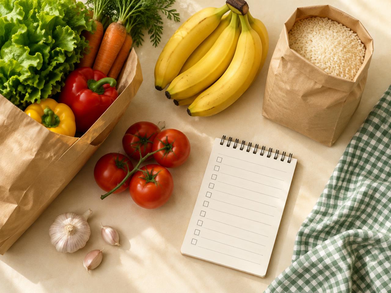 Compras de mercado sobre a mesa com lista de compras